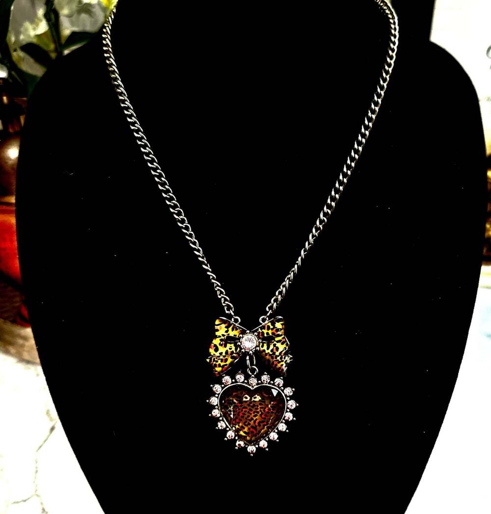 Betsey Johnson Leaping Leopards Bow & Heart Rhinestone Statement Necklace
